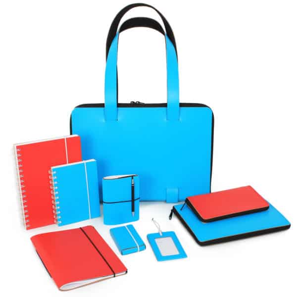 Turquoise and red eco leather products.